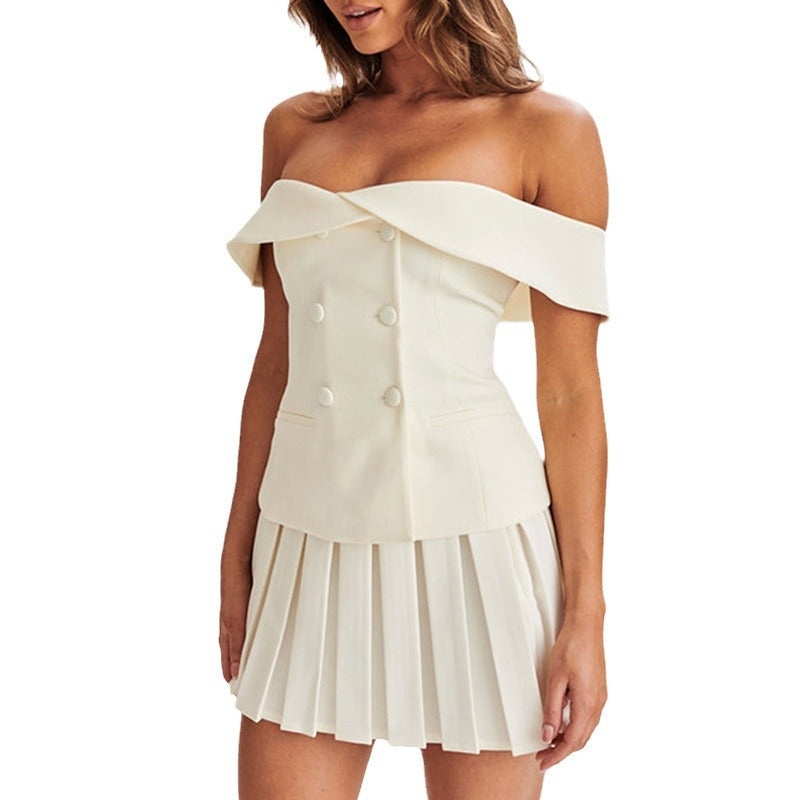Women summer off-the-shoulder double-breasted Top and pleated Skirt two-piece set 6