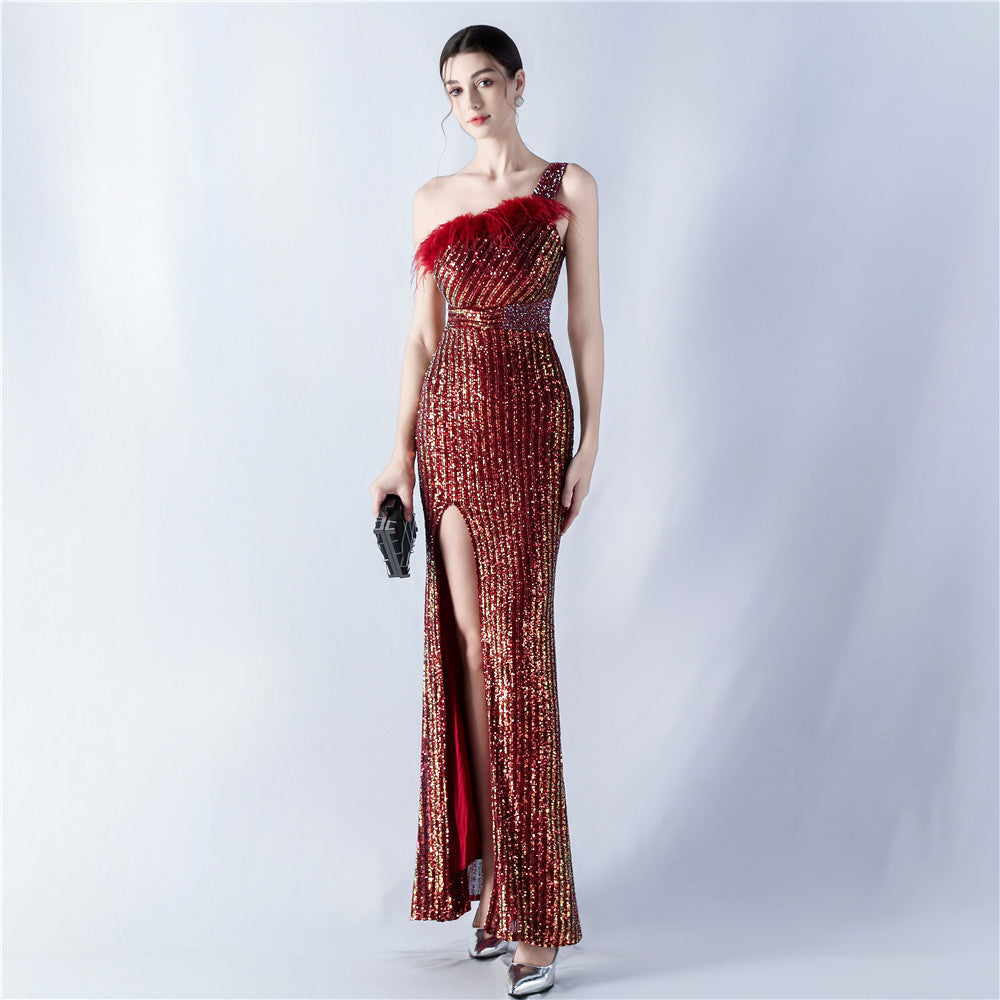 Women Beaded One Shoulder Slash Shoulder Split Sequin Evening Dress 4