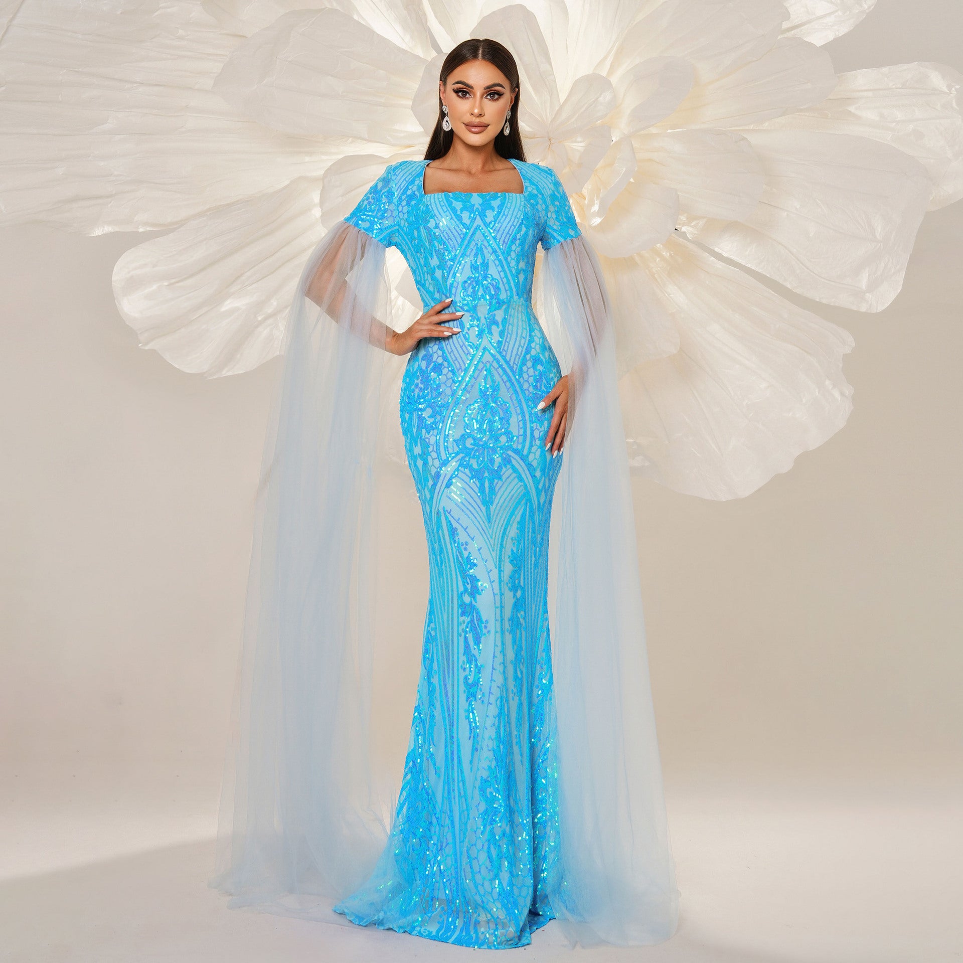 Women long sleeve square neck Formal Party Bodycon sequined fishtail evening dress 3