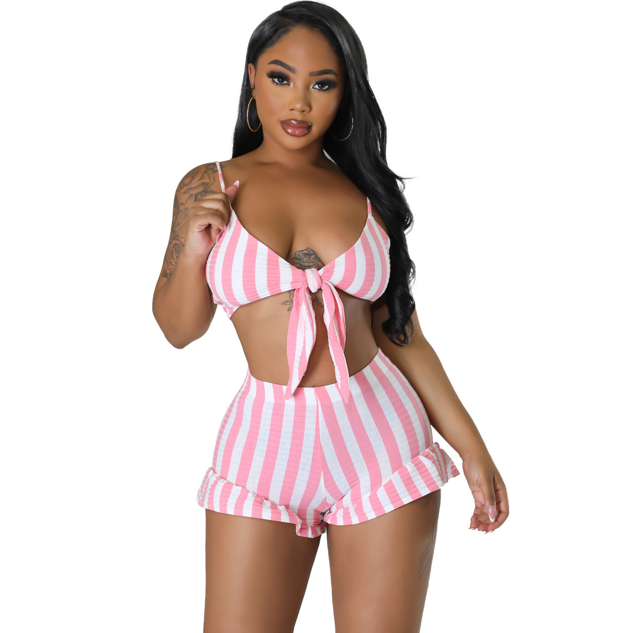 Women's Clothing Sexy Fashion Ribbed Stripe Two-Piece Shorts Set For Women 7