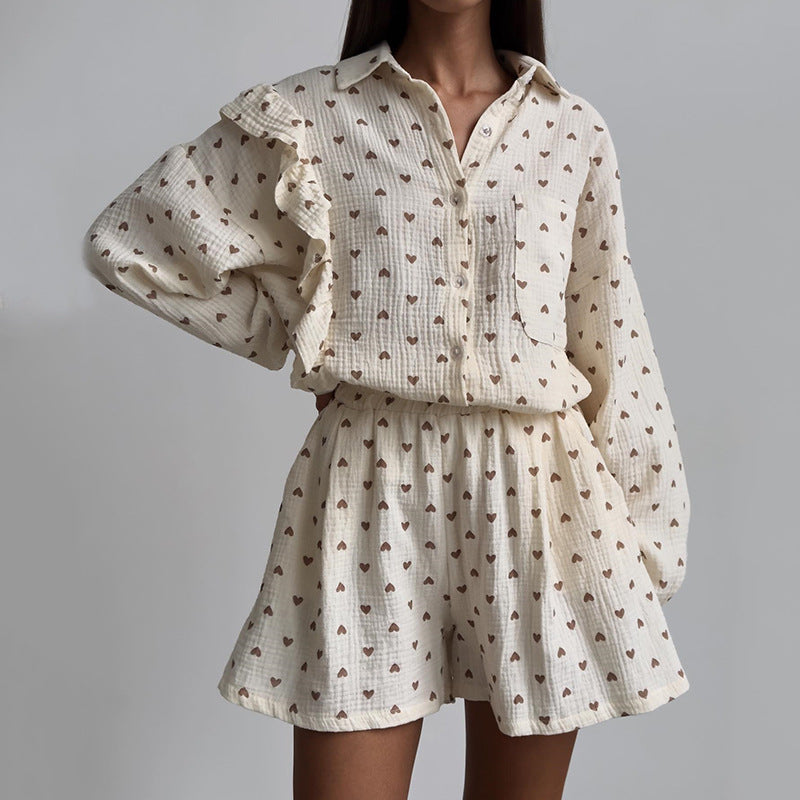 Women Fall Ruffle Heart Print Shirt and Wide-Leg Shorts Casual Two-Piece Set 10