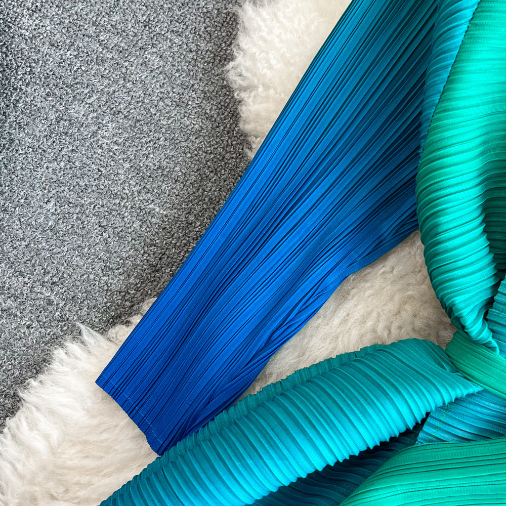 Women Pleated Long Sleeve Turndown Collar Lace-up Gradient Dress 14