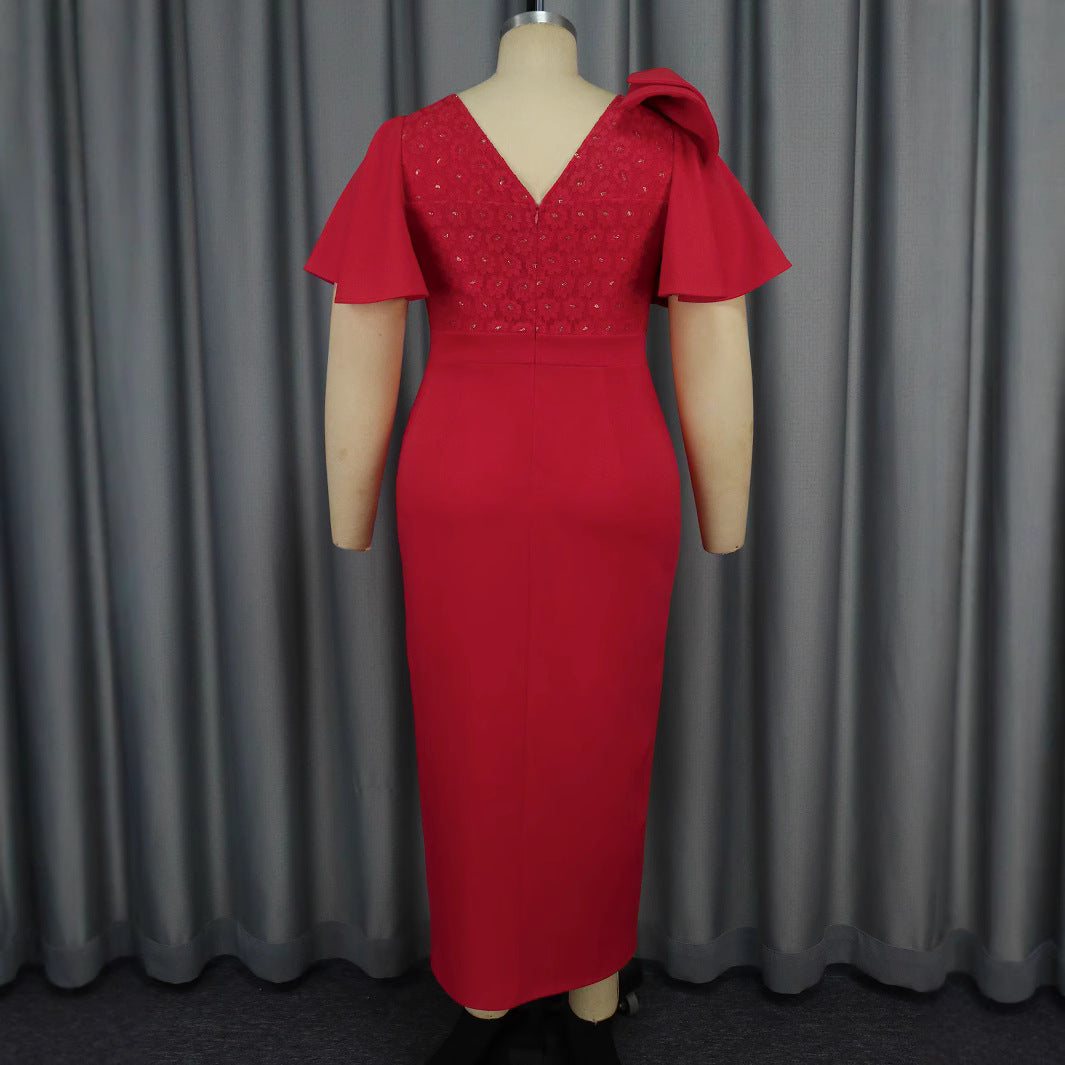 Women ruffle bow sexy Formal Party lace dress 4