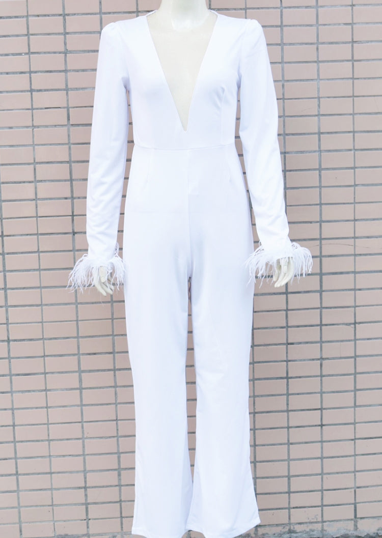 Fall Elegant White Beaded Mesh Patchwork V-Neck Fur Long Sleeve Wide Jumpsuit 4