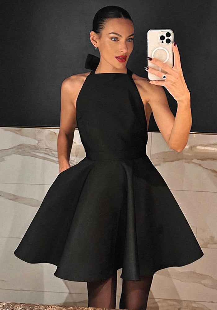 Spring Fashion Sexy Black High Waist Sleeveless Halter Neck Dress