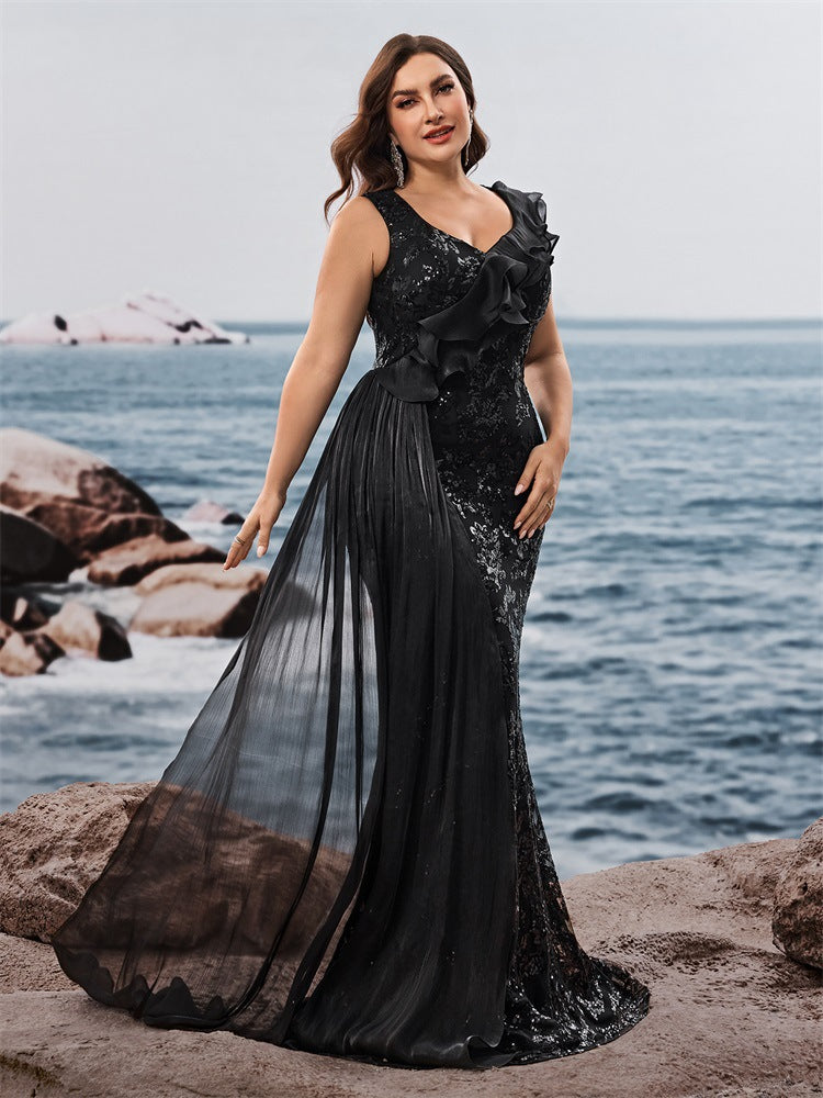 Plus Size Women's Elegant Sequin Patchwork V-Neck Ruffle Sleeve Evening Dress Mother of the Bride Gown 5
