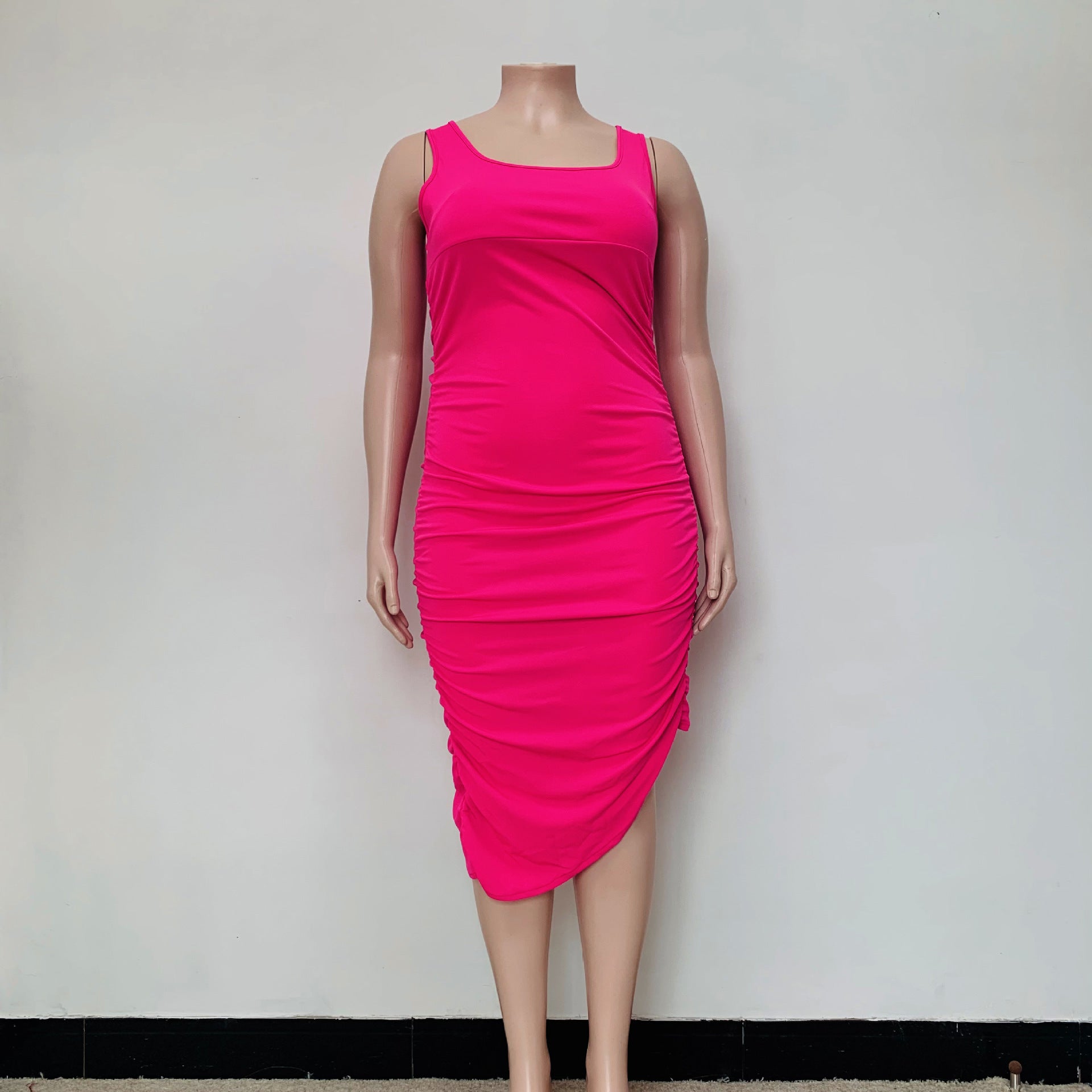 Plus Size Women's Fall Solid Color Pleated Tight Fitting Dress