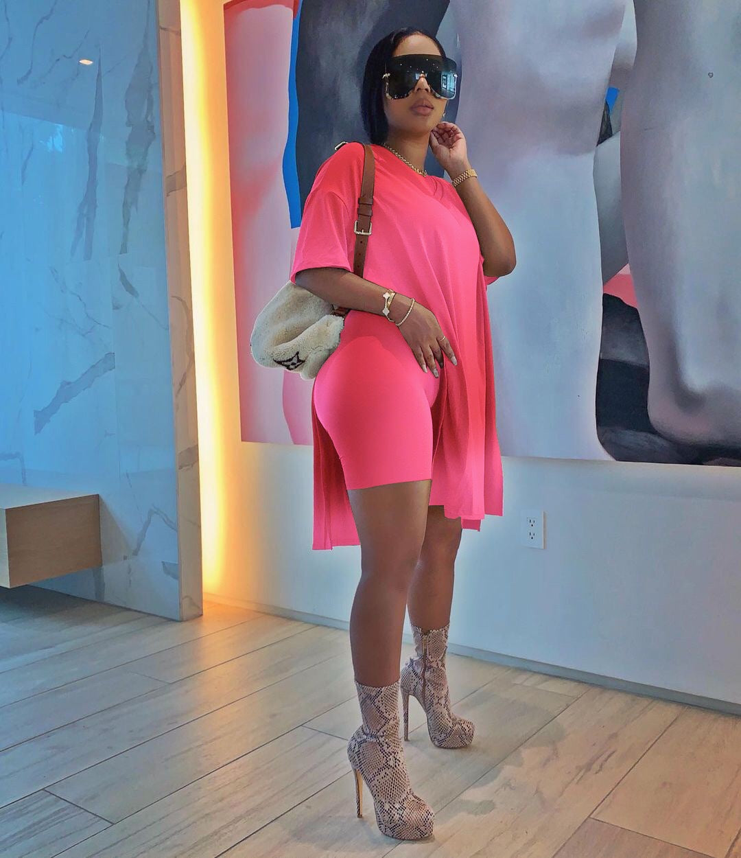 Women Summer Solid Slit Short Sleeve Top and Shorts Two-piece Set 9