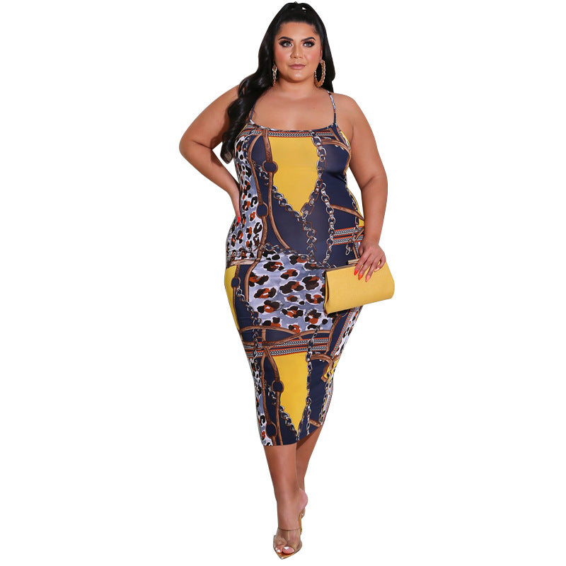 Plus Size Women Summer Print Backless Strap Dress 9