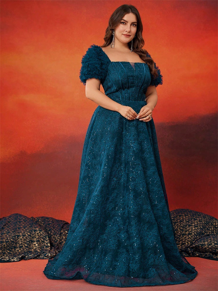 Plus Size A-Line Elegant Square Neck Short-Sleeve Party Dress Slim Waist Chic Ball Gown 5