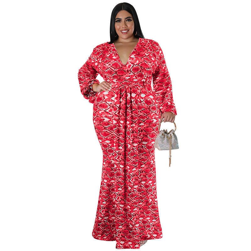 Plus Size Women'S Print V-Neck Fashion Long Sleeve Mermaid Long Dress 4