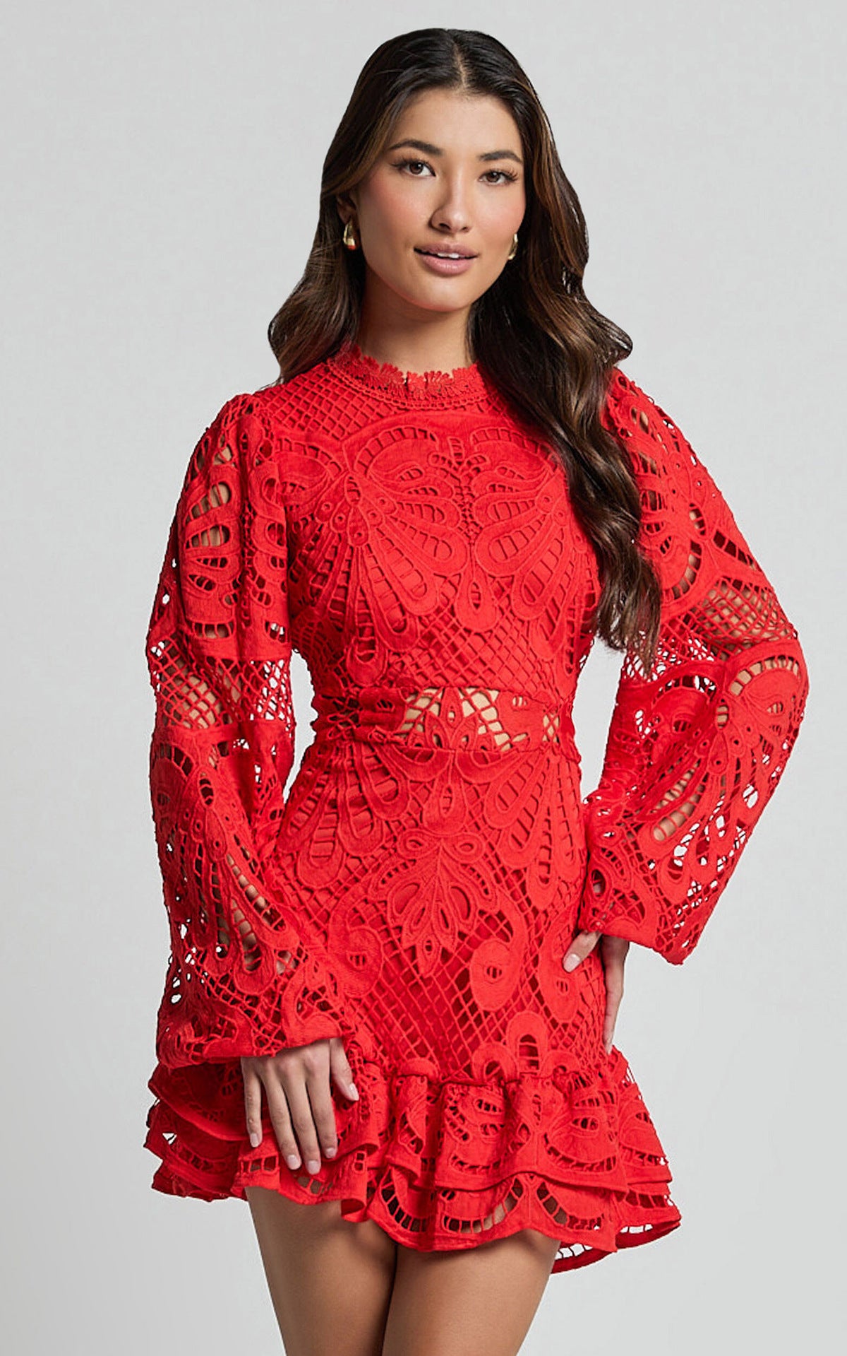 Stand Collar lace lantern long sleeve Slim Waist a-line ruffle dress 6