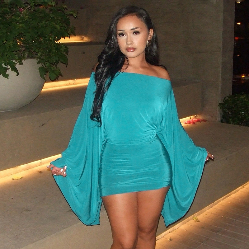 Women Off-Shoulder Bell Bottom Long-Sleeved Top and Skirt Two-Piece Set 9