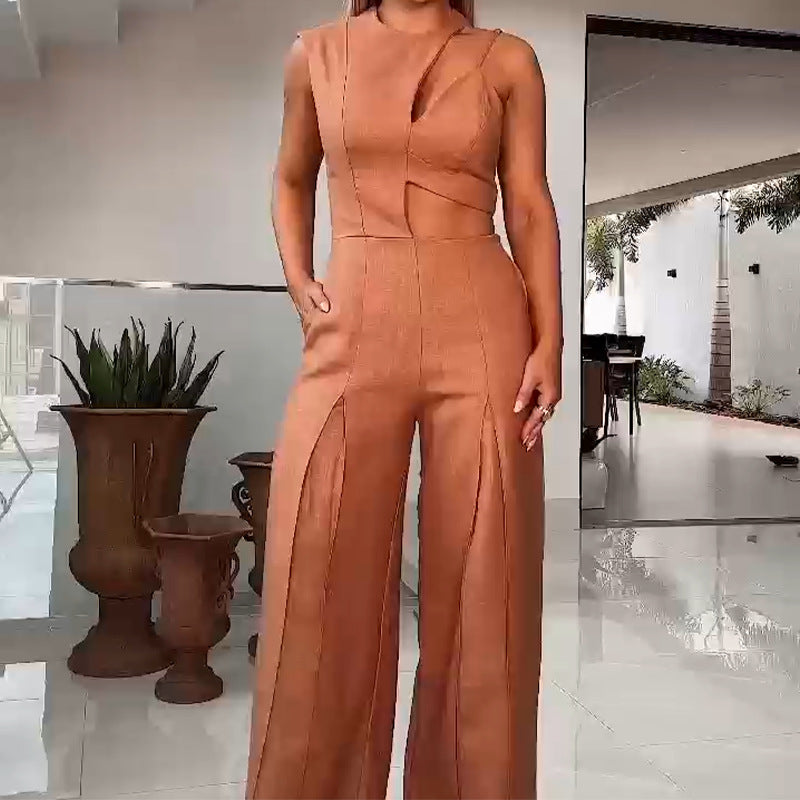Summer Fashion Round Neck High Waist Solid Color Hollow Wide Leg Jumpsuit 4