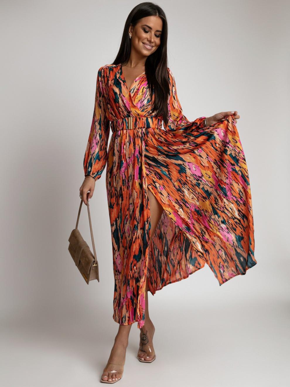 Fashion Print V-Neck Long Sleeve Belt Dress 3