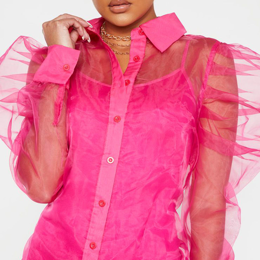 Spring Summer Women's Puff Sleeve Organza Shirt strap Basic Dress Two-Piece Set 4