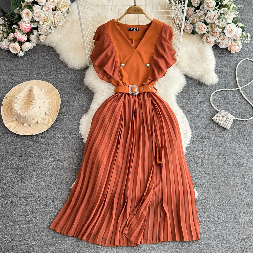 Women Contrast Color Flying Sleeve Collar Slit Pleated Dress 10