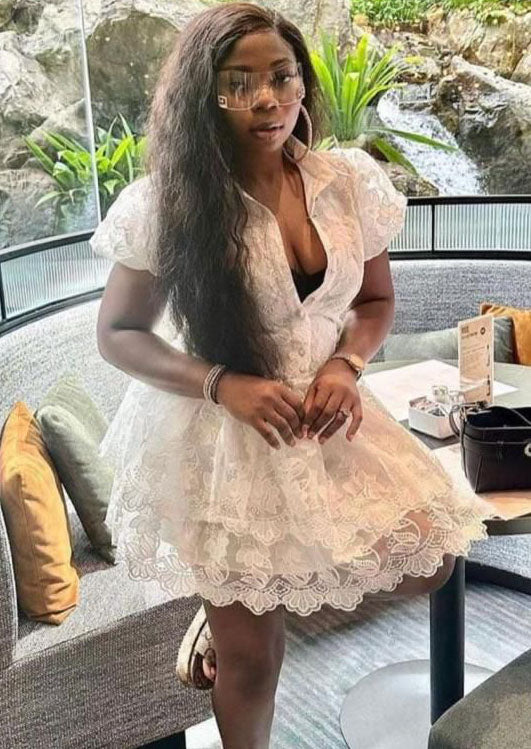 Summer Chic Turndown Collar Single-Breasted White Embroidered Puff Sleeve A-Line Layer Dress 3