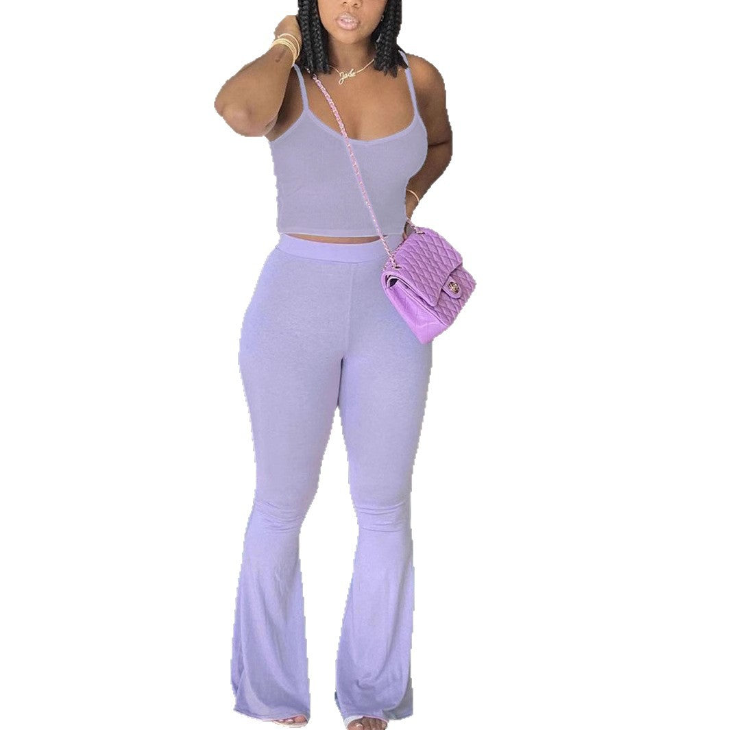 Women's Purple Bell Bottom High Waist Stretch Pants Sleeveless Vest Casual Two Piece Set 6