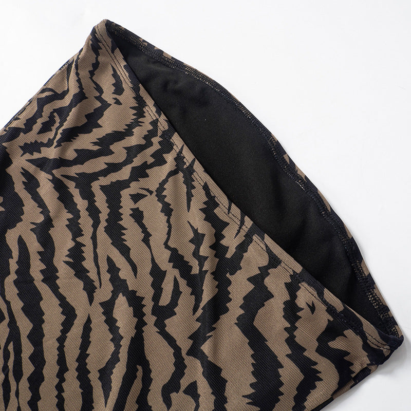 Women's Summer Sexy Strapless Tiger Print Slit Slim Long Dress 11