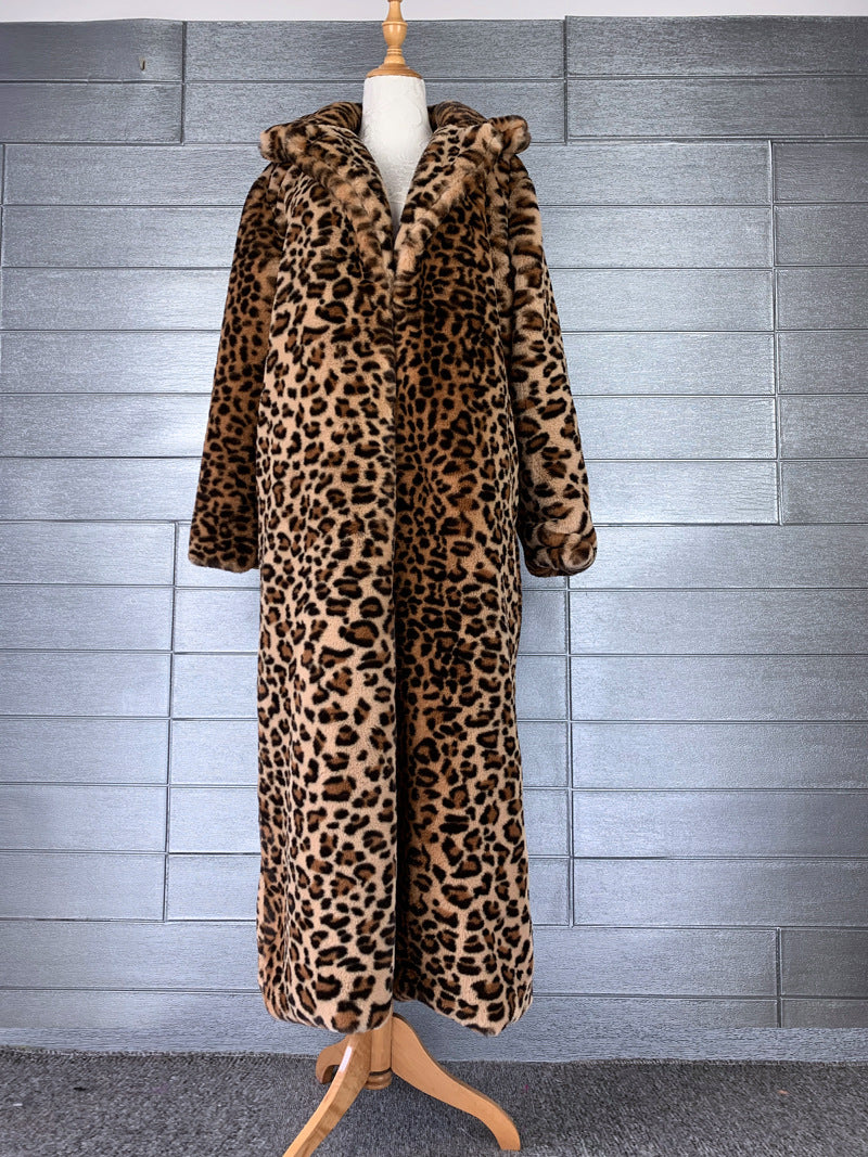 Women Leopard Turndown Collar Furry Long Coat 10