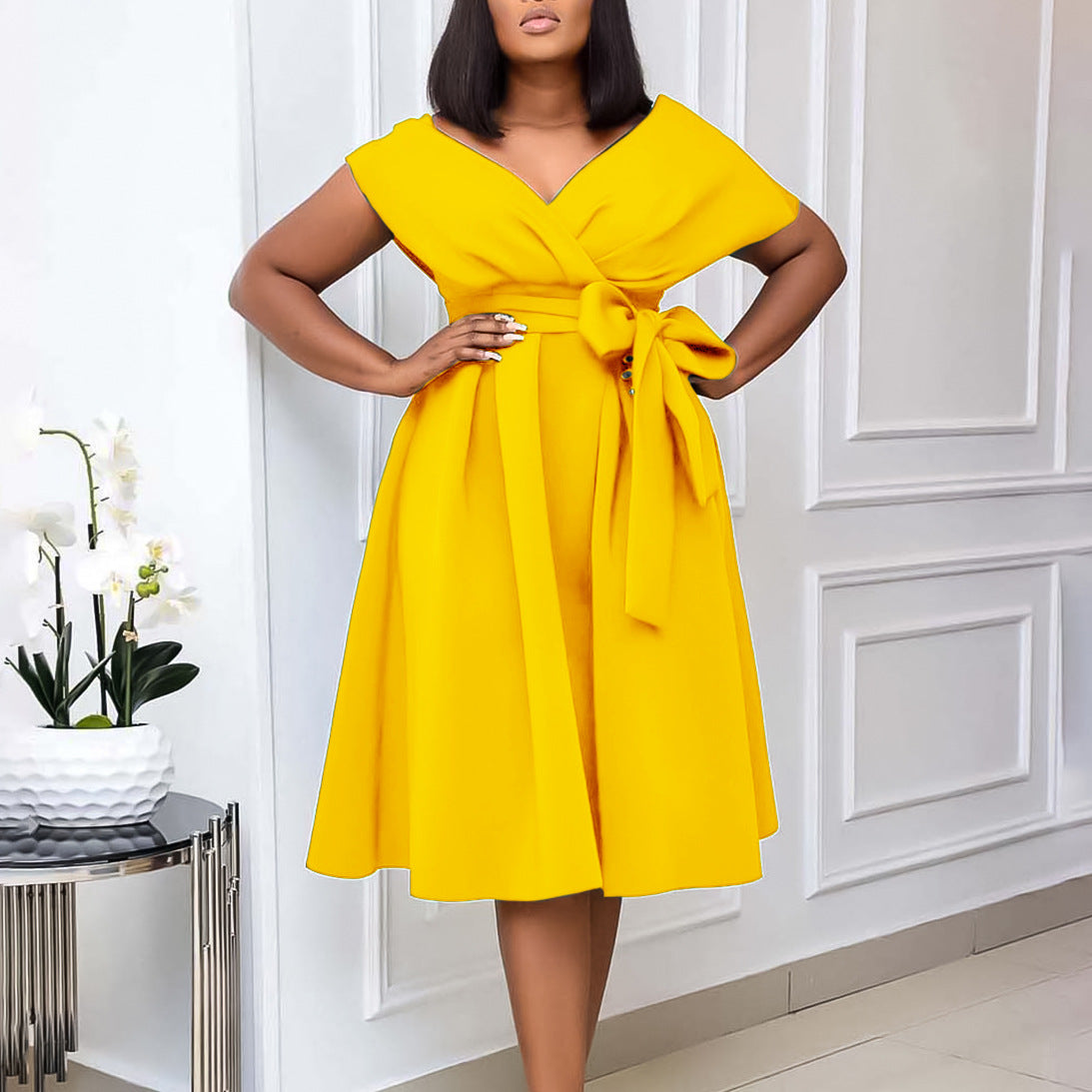 Women's Summer Fashion V-neck Belt Elegant Plus Size African Dress 5