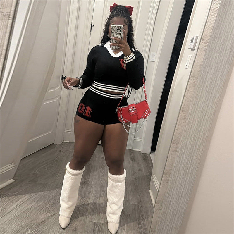 Women Sexy Long Sleeve Crop Top and shorts knitting Two Piece Set 7