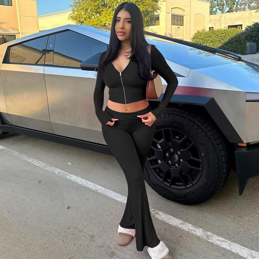 Women's autumn and winter zipper long sleeve hooded top Bell Bottom pants fashion Casual two piece set 15