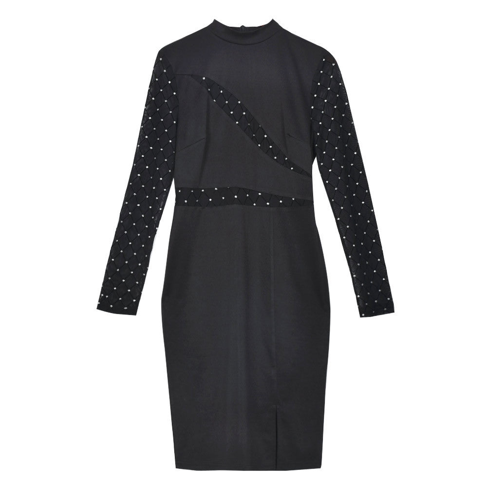 Women's Autumn Slit Stand Collar Slim-Fitting Patchwork Mesh Plaid Dress 9