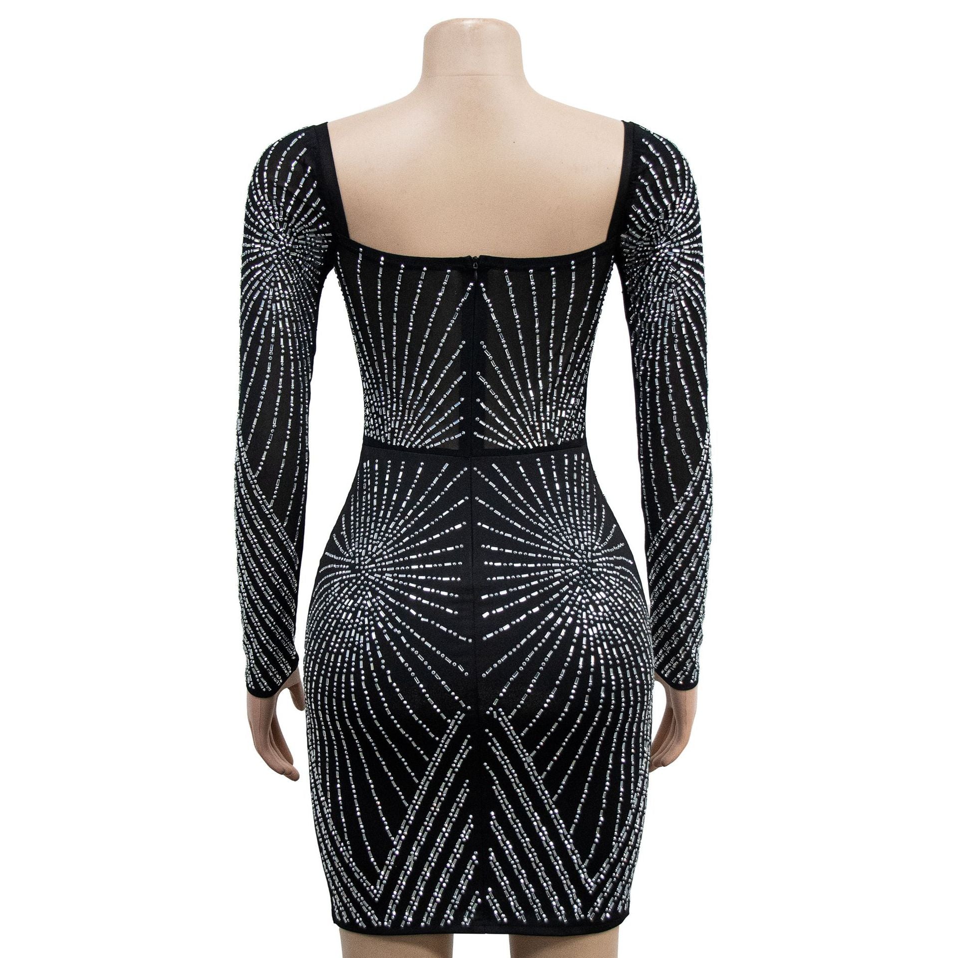 Women's Fashion Solid Color Mesh Beaded Long Sleeve Dress 16