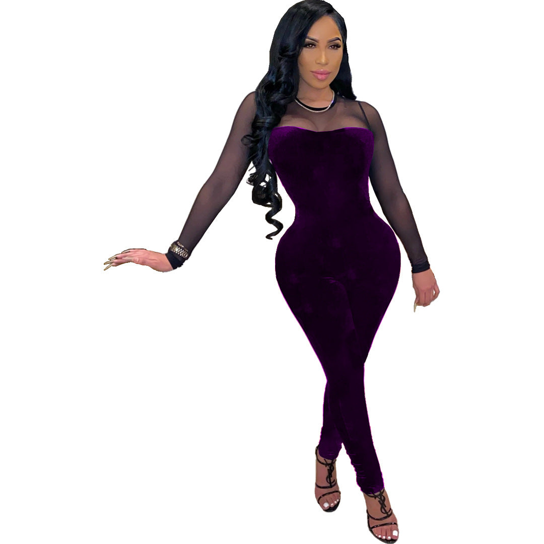 Women Sexy Solid Mesh Patchwork Zip Jumpsuit 7