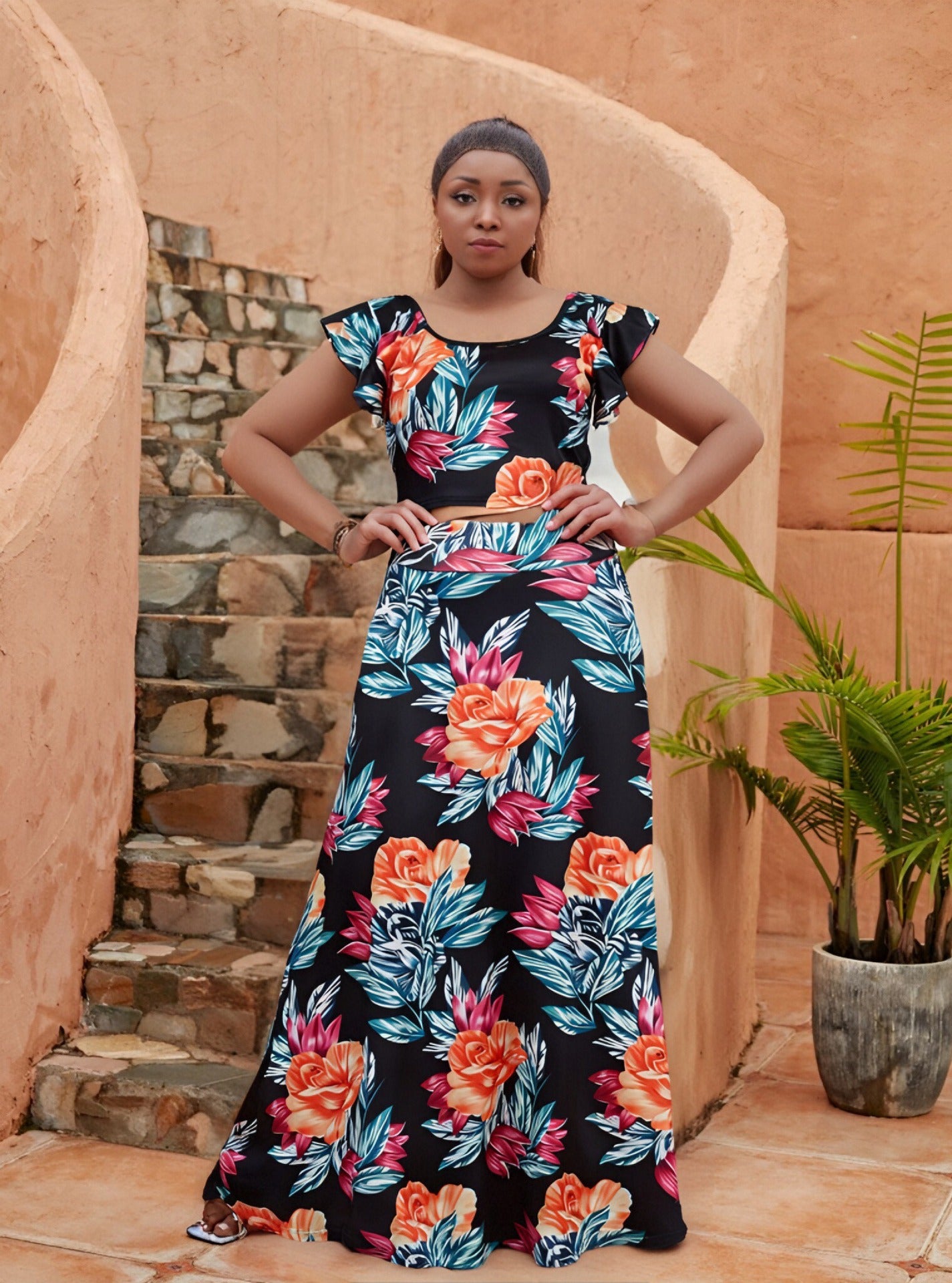 Plus Size Women Women Casual Ruffle Sleeve Printed Top and Long Skirt Two-piece Set 8