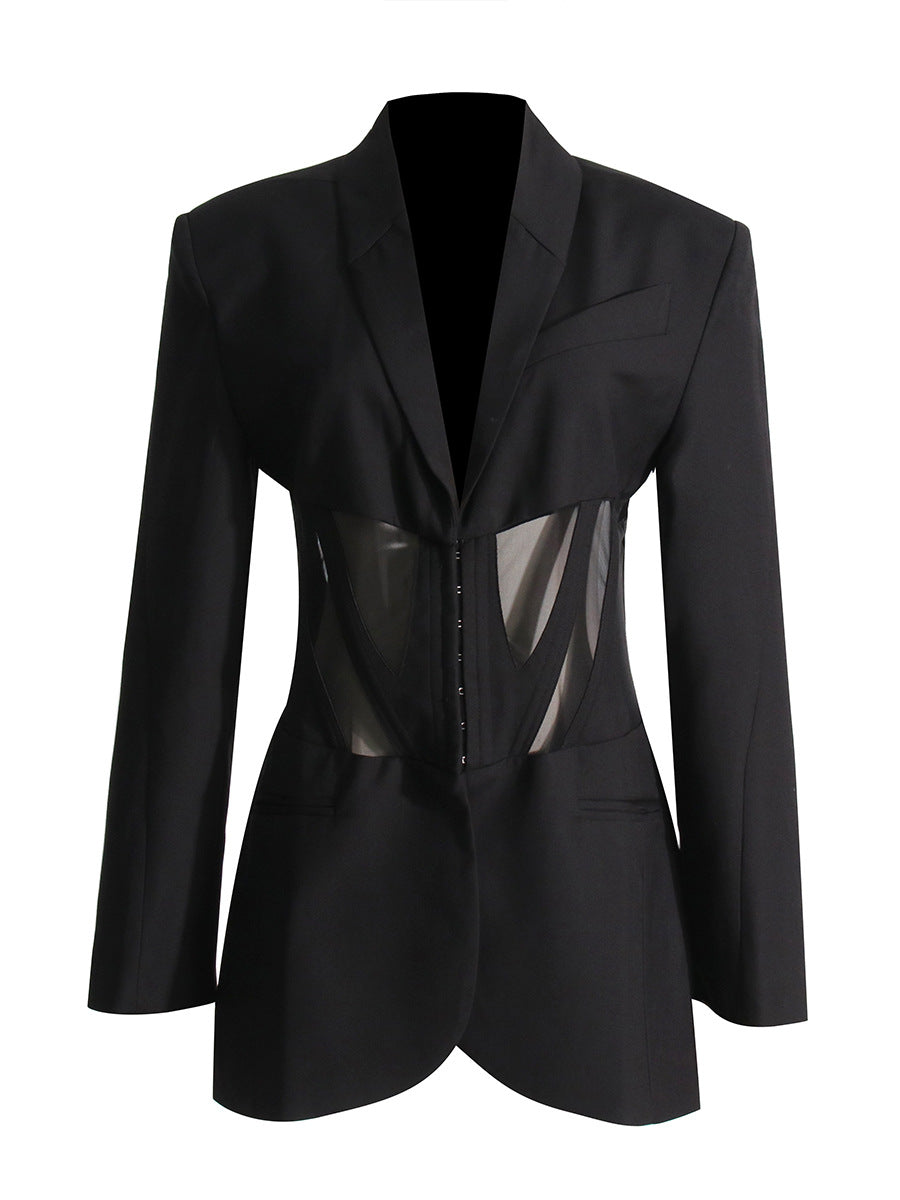 Women Fall French Career Casual mesh Patchwork See-Through Blazer 6