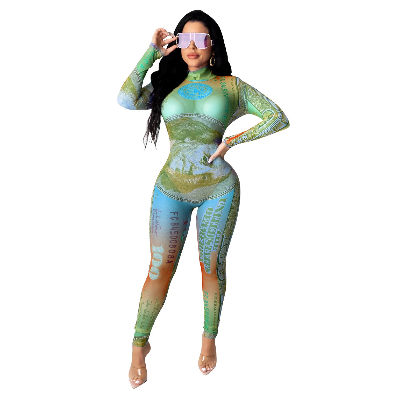 Women's Sexy Dollar Print Mesh Long Sleeve Jumpsuit 5