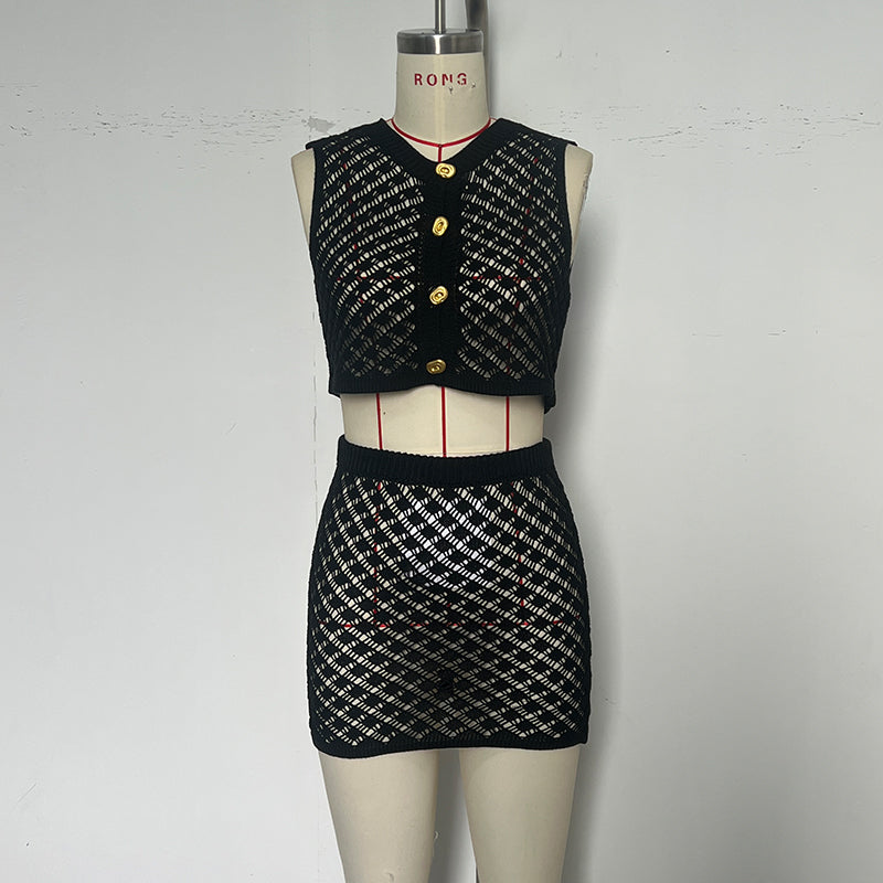 Button Vest Short Skirt Fashion Sunscreen Beach Two-piece Set 12