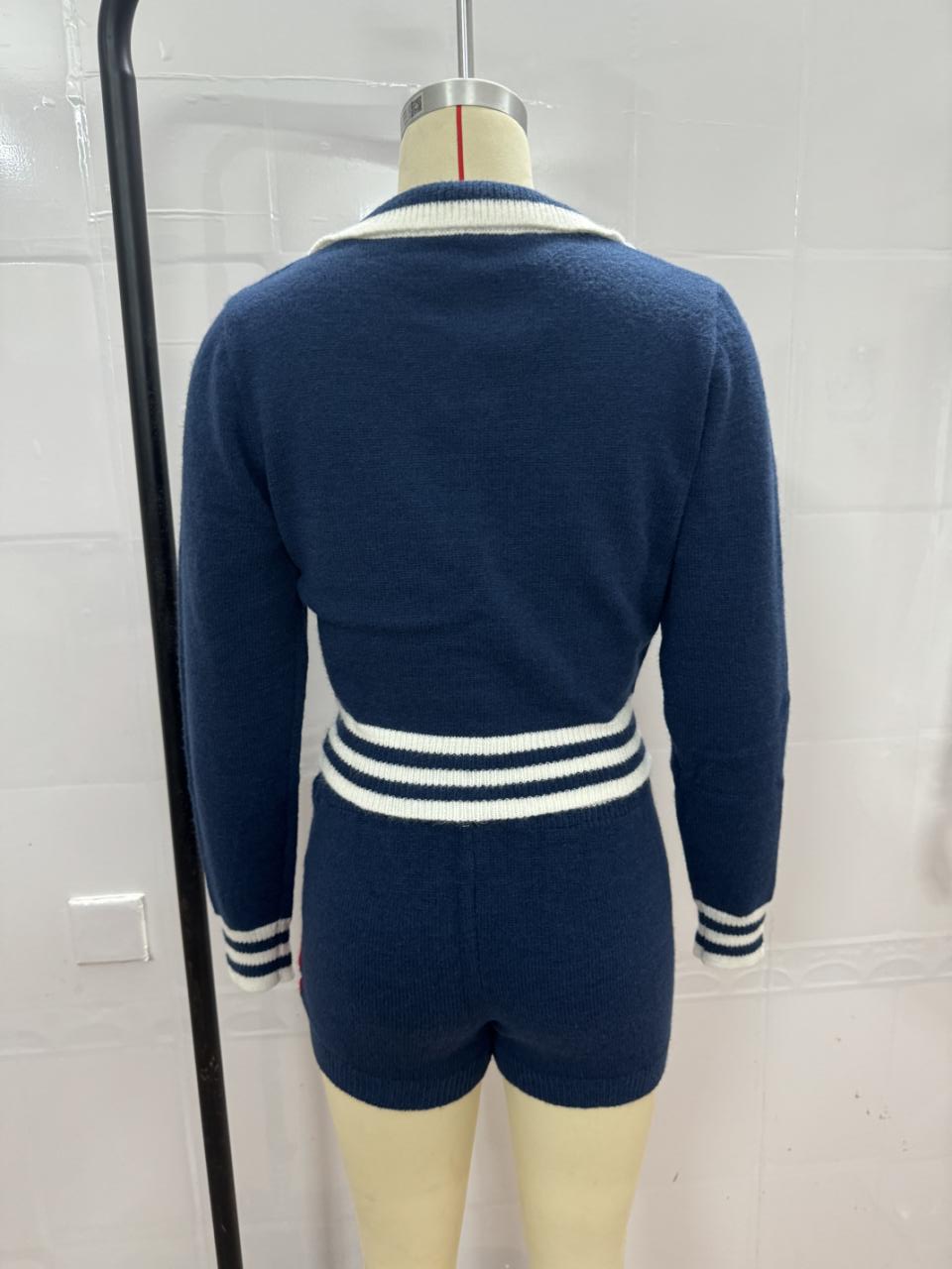 Women autumn turndown collar contrast color long-sleeved top shorts two-piece set 12