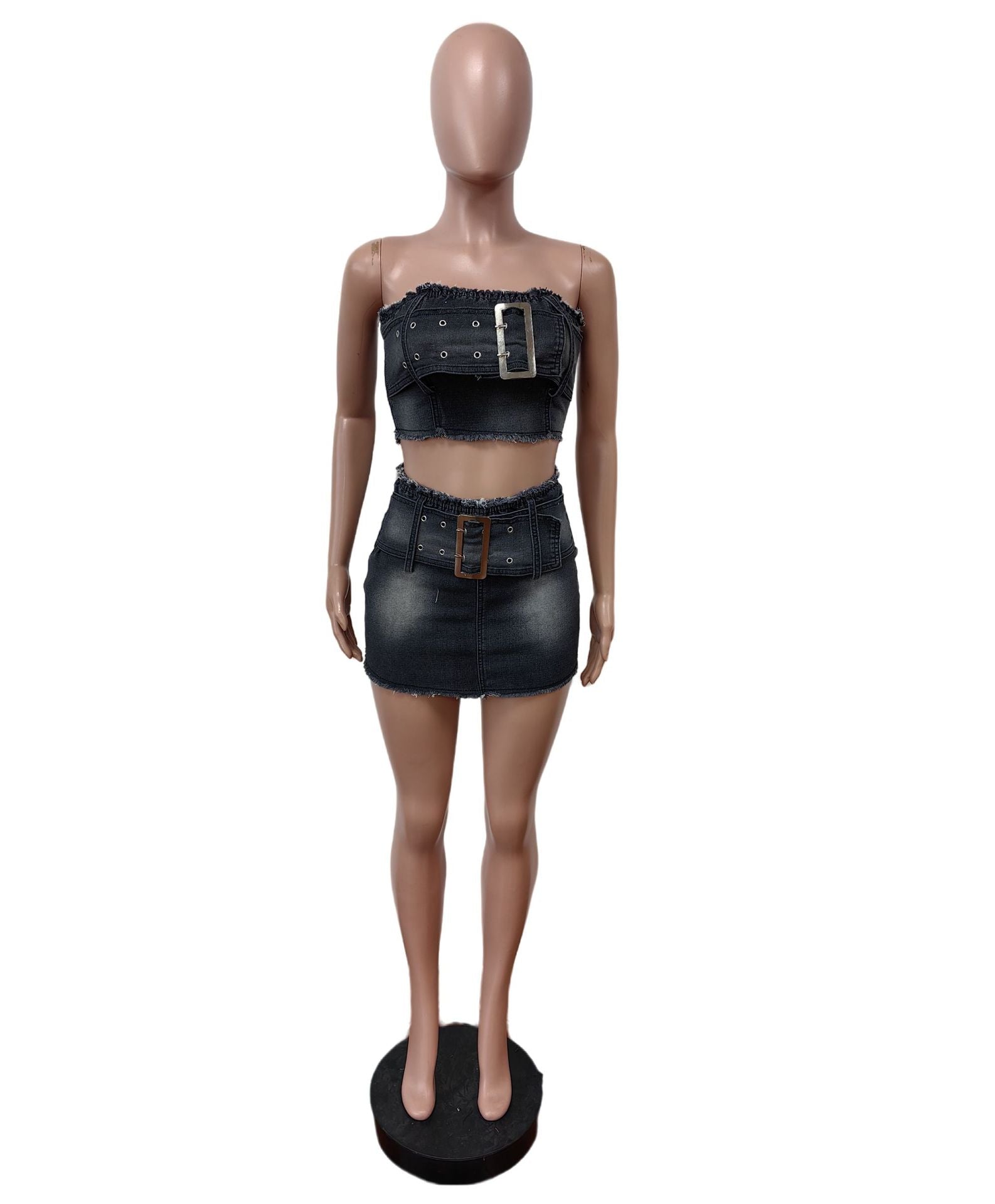 Summer Strapless Belt Elastic Denim Skirt Set 9