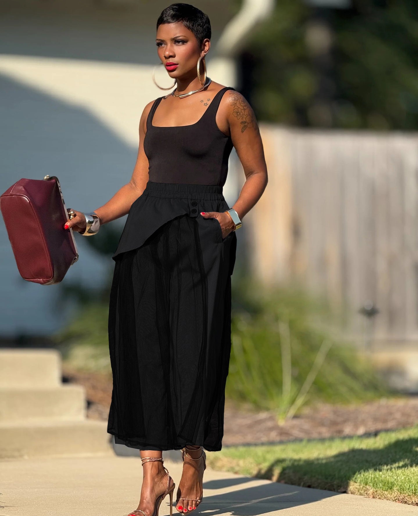 Women's Patchwork Mesh Fashion Wide-Leg False Two-Piece Casual Pants 11