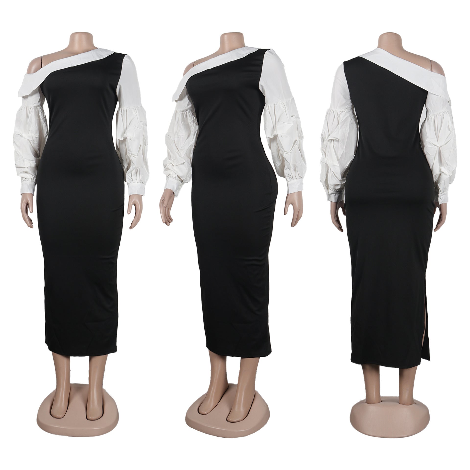 Women Contrast Slash Shoulder Stretch Bodycon Slit Balloon Sleeve Dress 13