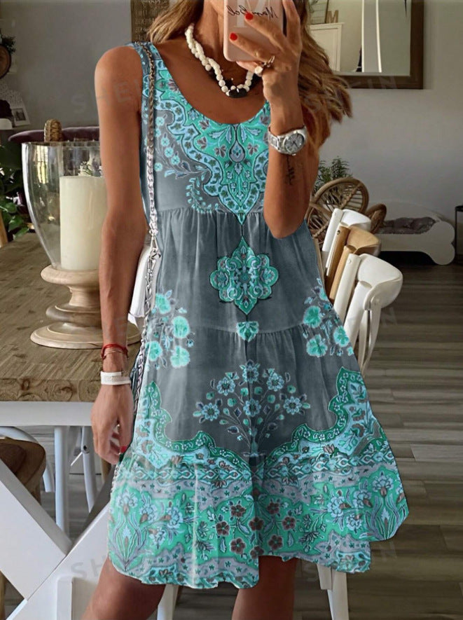 Women Summer Printed Sleeveless V-neck Holidays Print Dress 8