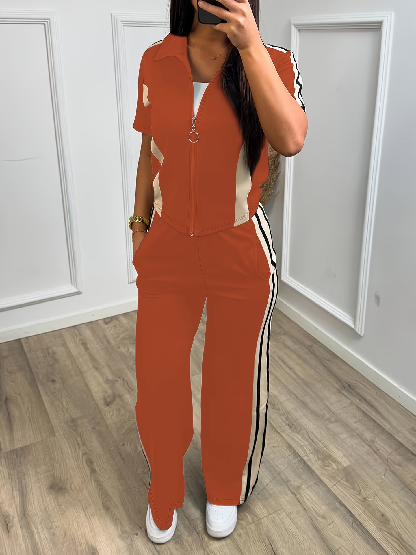 Spring/Summer Women's Casual Zip-Up Short-Sleeve Top & Elastic-Waist Pants Two Piece Set 8