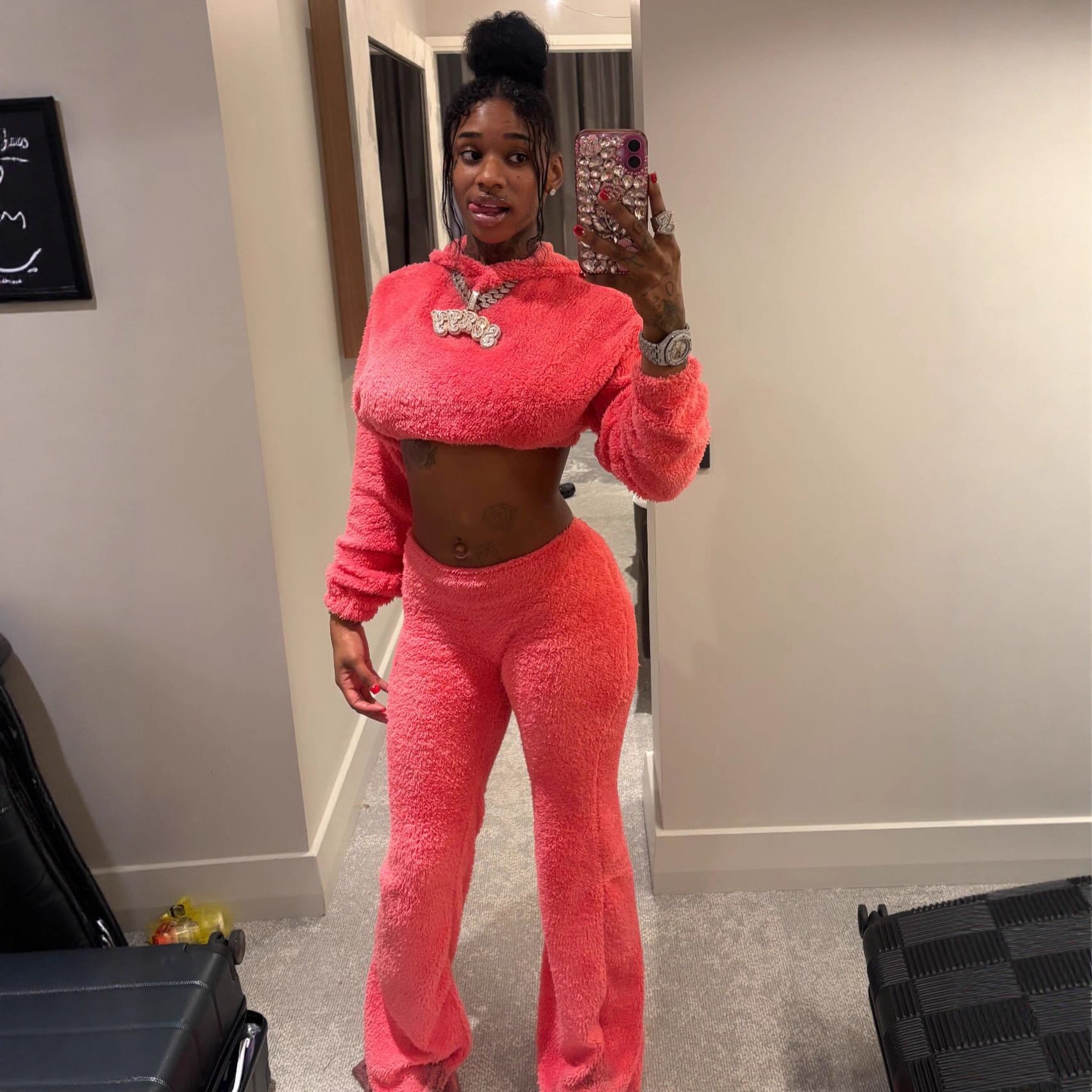 Women's Pink Plush Fashion and Comfort Two-Piece Pants Set 4