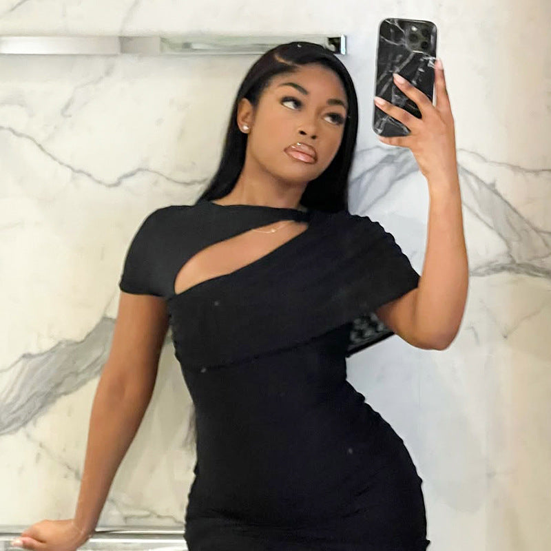 Women's spring and summer Off Shoulder irregular hollow Patchwork Bodycon Dress 15