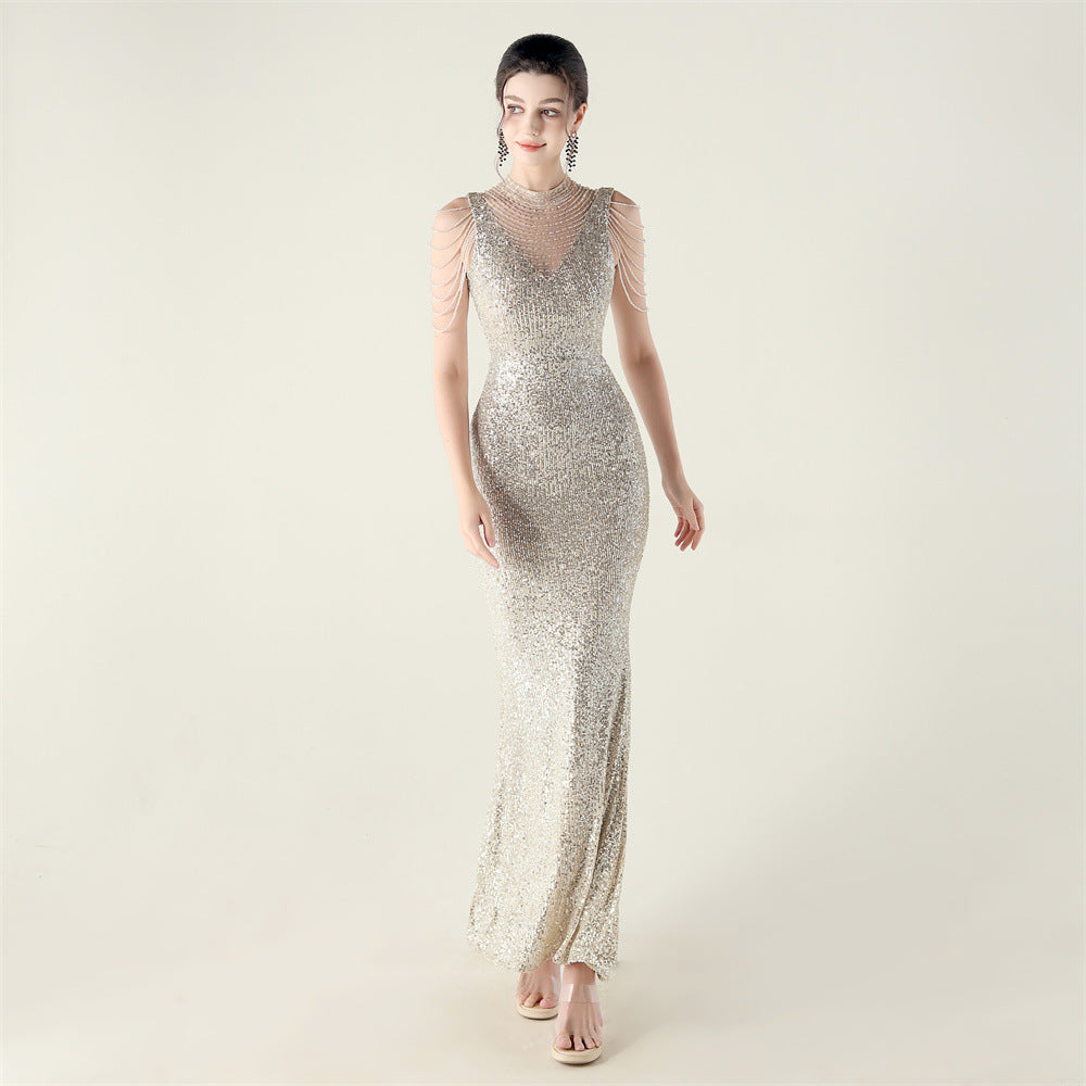 High Neck Fishtail Sequin Crystal Evening Dress Wedding Formal Party Gown 9