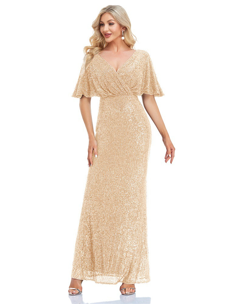 Women short sleeve v-neck fishtail formal party evening dress