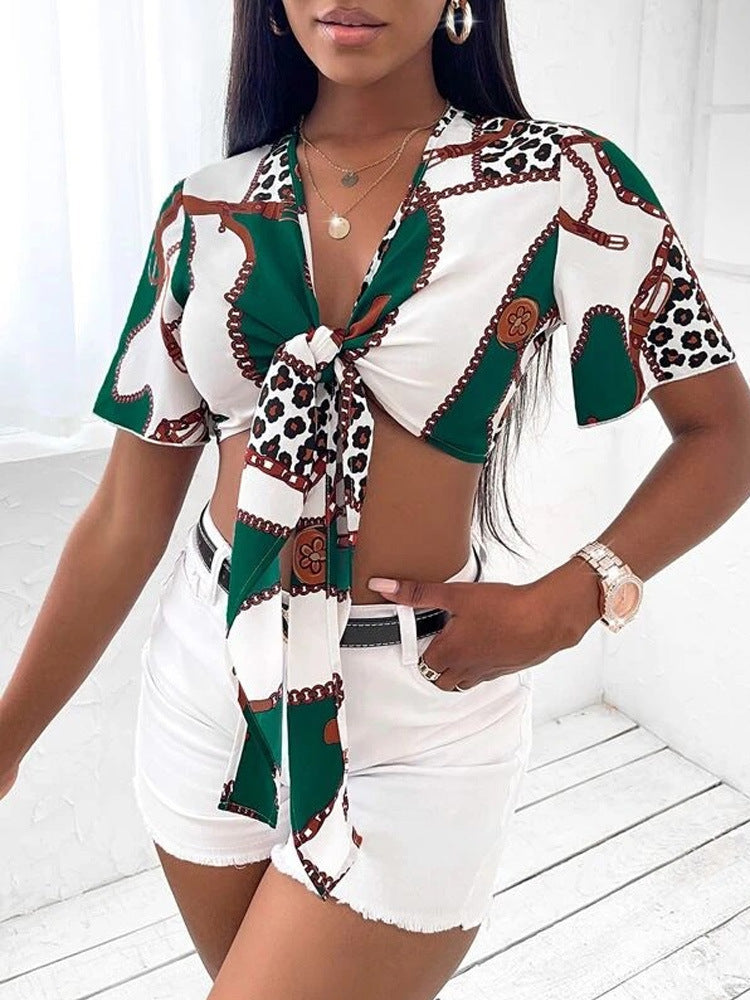 Women's Bow Tie Sexy Shirt Summer Short-Sleeved Printed Top 3