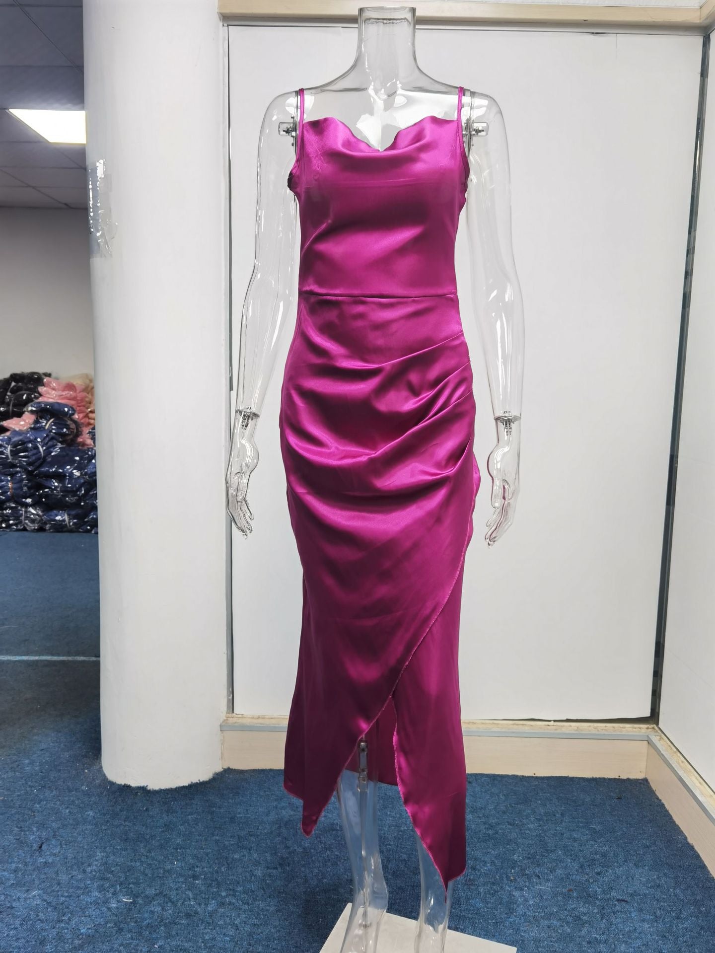 Sexy Low Cut Satin Slit Strap Dress Slim Fit Low Back Maxi Dress 44