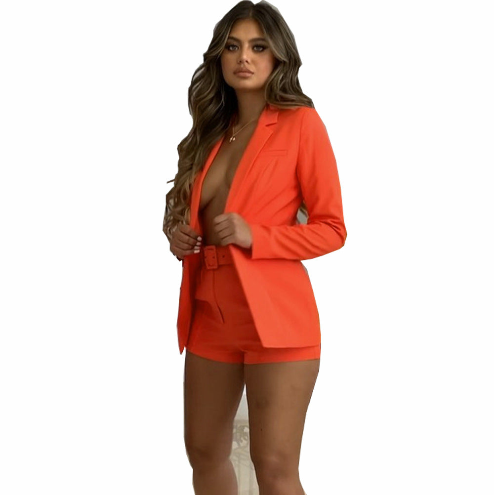 Women fashion Blazer+Shorts with belt Two-piece 24