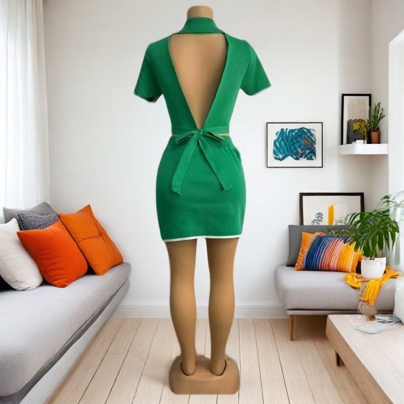 Women Sexy Turndown Collar Short Sleeve Top and Split Skirt Two-piece Set 10