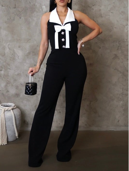 Women Fashion Contrast Sleeveless Button Jumpsuits 8